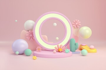 Pastel pink 3D render of a circular frame with flowers, balls, and a cactus, creating a cute and dreamy aesthetic.