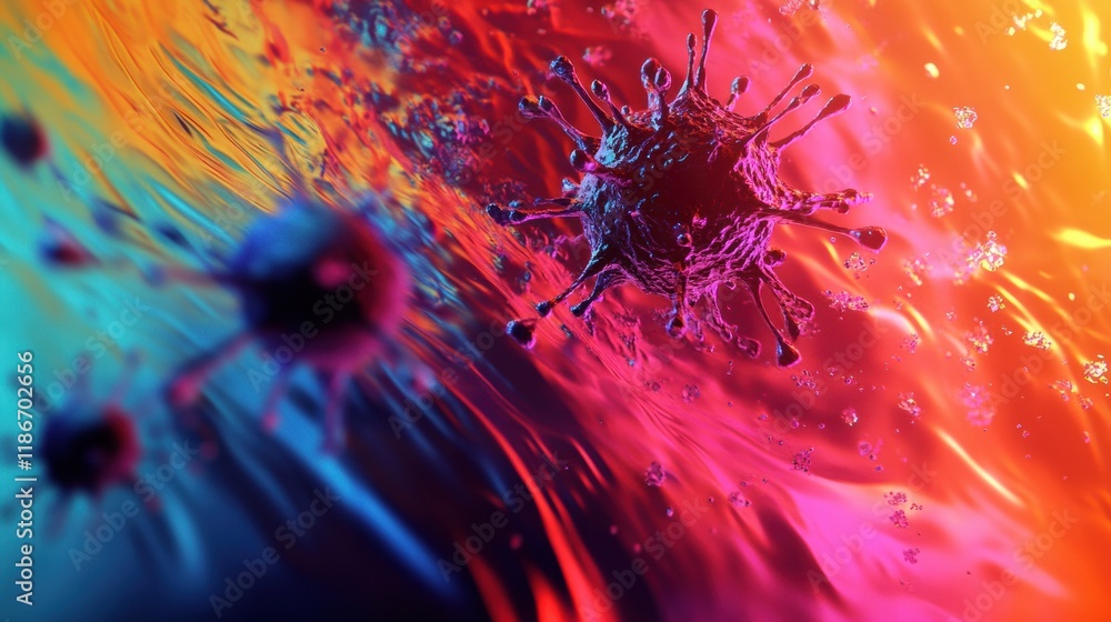 Poster visualization of antibodies attacking virus particles in a dynamic color rich environment. generativ