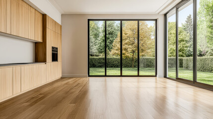 Fototapeta premium Modern open space kitchen and living area with large windows showcasing a garden view