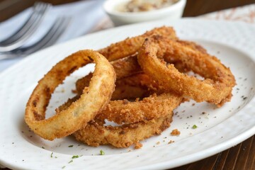 A crispy fried onion ring sizzles on a white plate with its golden brown edges curled up and tantalizing aromas wafting out of the image, appetizer, orange, cooked food