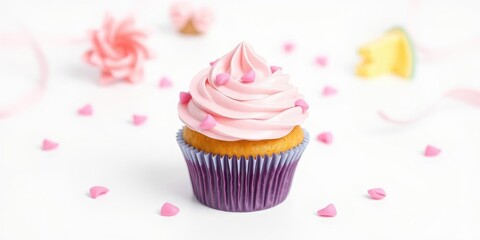 A cupcake in the center of a white background with pink decorations, pink decorations, white background, cupcake in the center