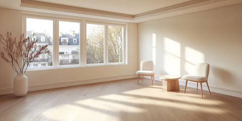 Fototapeta premium Bright and airy interior with large windows and minimalist furniture in a cozy setting