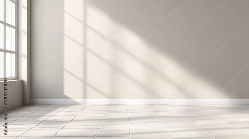 Aufkleber Sunlight streaming through a large window creates dramatic shadows on the wall and floor of an empty room, perfect for showcasing interior design or architectural concepts