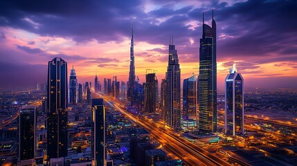 Naklejka premium Dramatic sunset over a vibrant cityscape, showcasing skyscrapers and city lights.