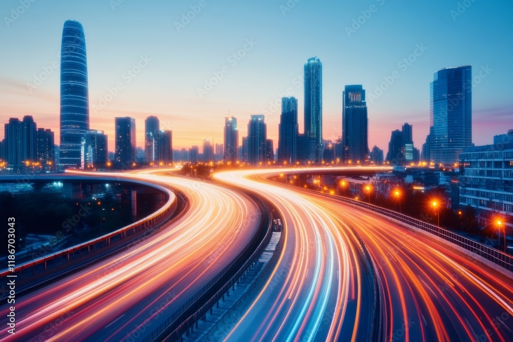 Poster an elevated view of a busy freeway winding through a dense urban area, with headlights creating ligh