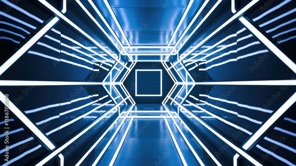 Poster futuristic blue neon tunnel with geometric patterns and reflective surfaces creating an infinite per