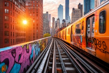 Obraz premium An elevated urban train track cutting through a dense cityscape, with graffiti covering the support beams below