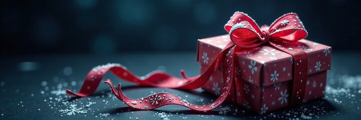 Icy snowy ribbon gift wrapped in elegant folds on a dark gradient Christmas background, ribbon, dark, present