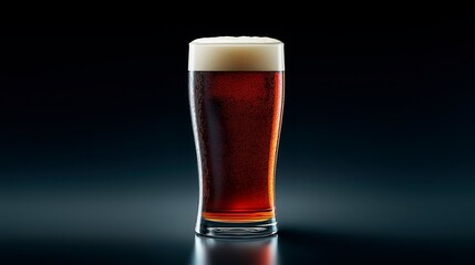 Rich amber ale in a tall glass with frothy top