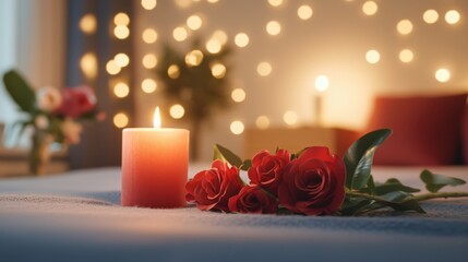 Romantic Bedroom Setting with Candlelight Roses and Soft Fabric