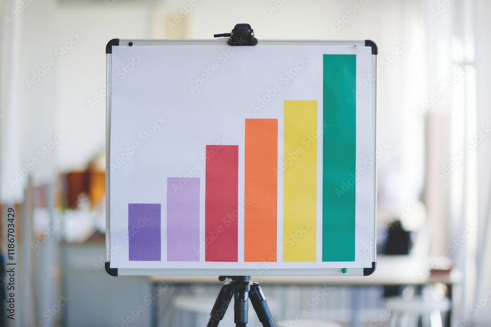 Poster a colorful bar graph displayed on a whiteboard, illustrating a positive upward trend.