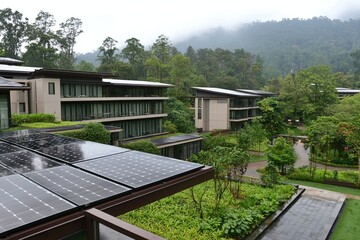Sustainable Resort Modern Architecture Green Energy Solar Panels Lush Landscape Mountain View