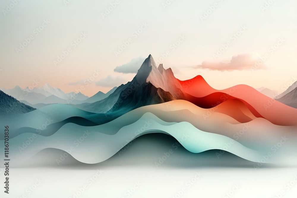 Poster mesmerizing abstract mountain landscape with iridescent wavy shapes and soft pastel colors digital o