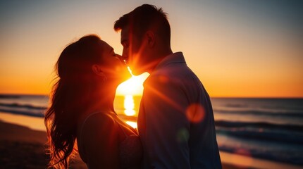 Fototapeta premium Romantic couple kissing at sunset on a beach, volumetric lighting, warm golden glow, radiant luxurious aesthetic 