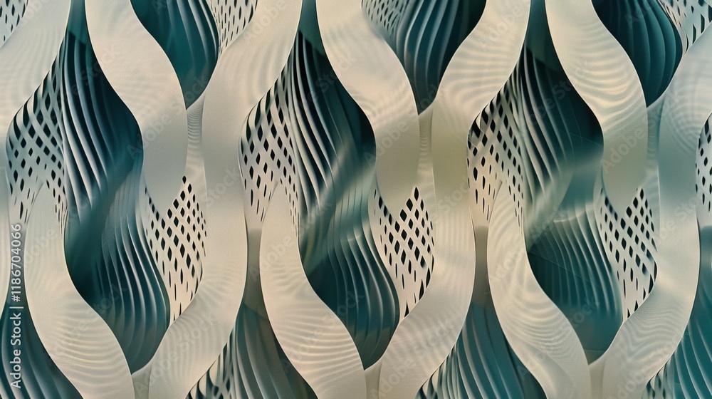 Poster abstract teal and beige wavy pattern with textured lines and dots.