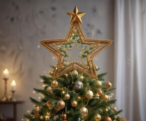 A beautifully decorated star-shaped Christmas tree with sparkling ornaments and glittering garland, shimmering stars, glowing lights, beautiful star tree