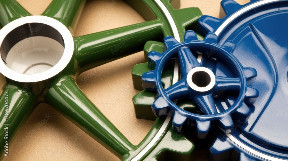 Aufkleber Interlocking gears in green and blue, showcasing intricate mechanical design and precision engineering.