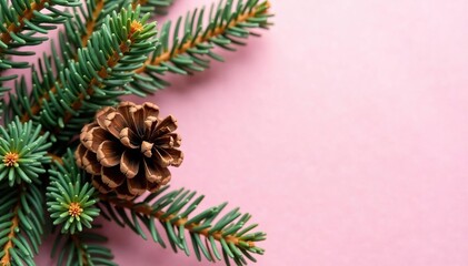 Pine cone and pine needles on pastel pink background, evergreen, trees, green