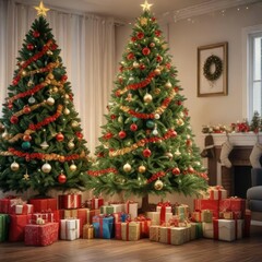 A beautifully decorated Christmas tree with presents and garlands, holiday gift, twinkling lights, cozy atmosphere
