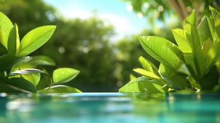 Lush Green Leaves Reflecting in Tranquil Water a Serene Nature Scene