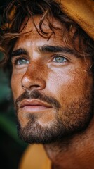 Fototapeta premium A thoughtful young man gazes into the distance with a contemplative look