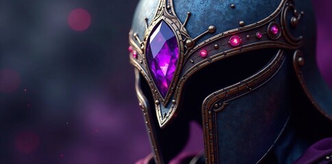 Purple gemstone inlaid into the brow of a metallic helm, purple, inlay