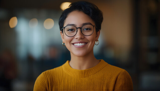 Close-up of a smiling young Latina with short dark hair, glasses, and a yellow jumper, posing happily for the camera in a vibrant creative office setting.