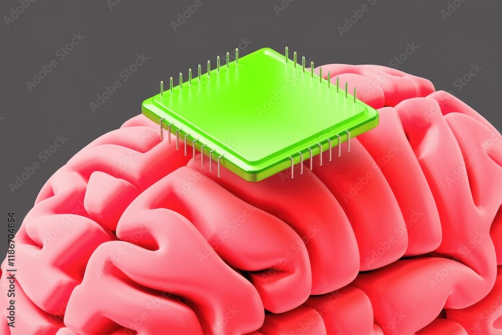 Poster Microchip on brain; symbolizing AI, neural interfaces, brain-computer interfaces, and technological advancements in neuroscience.
