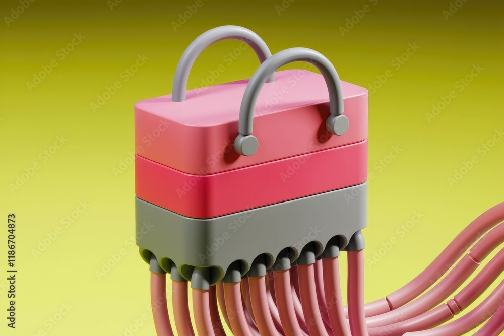 Poster A stackable pink and gray box with multiple pink tubes extending from the base.