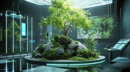 A stylish product release setup with an innovative green technology model, framed by digital projections of a harmonious