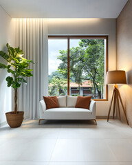 Naklejka premium Bright and modern living room with natural light and stylish decor elements