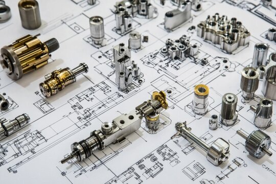 Various metal parts on a blueprint, ideal for engineering and manufacturing projects