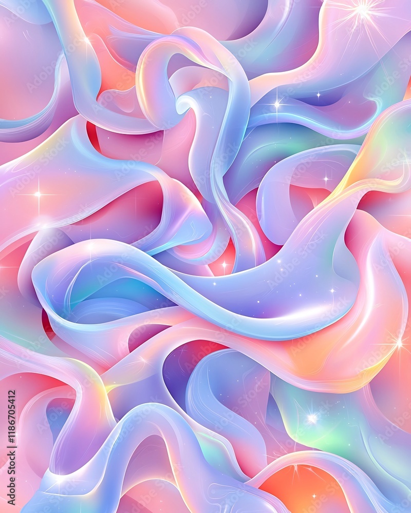Poster vibrant ethereal kaleidoscopic abstract background design featuring iridescent wavy shapes in a flui