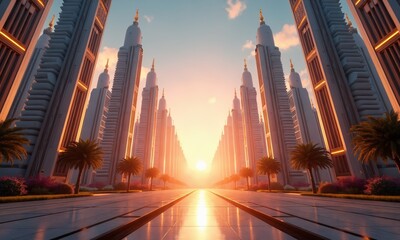 Naklejka premium A futuristic cityscape at sunrise, featuring tall, symmetrical skyscrapers with intricate Art Deco designs, glowing windows, and golden accents, a clear sky in the background with soft clouds.