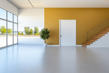 Fototapeta premium Modern interior with a staircase and a plant in a bright spacious room