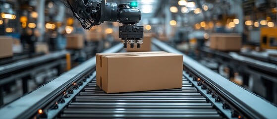 A robotic arm handling a cardboard box on a conveyor belt in a warehouse setting.