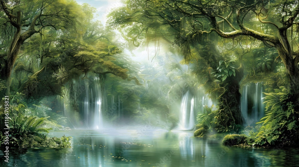 Poster lush jungle scene with waterfalls cascading into a tranquil pond, sunlight filtering through the den
