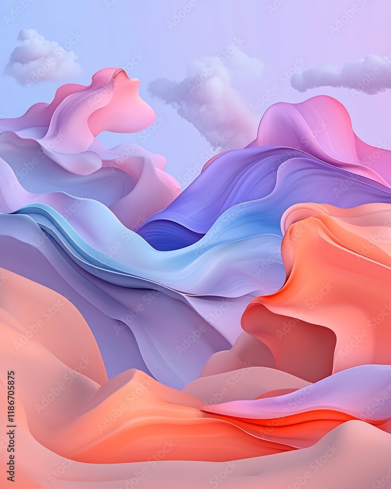 Poster ethereal kaleidoscopic compositions of wavy iridescent shapes in vibrant celestial realm fluid amorp