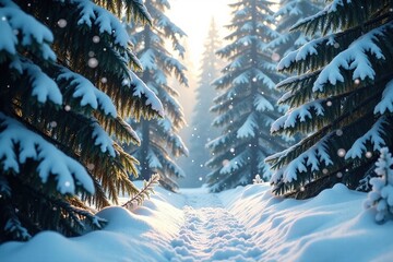 Snowflakes fall gently from the sky and settle on the leaves of a dense forest canopy, serene atmosphere, winter trees, winter wonderland