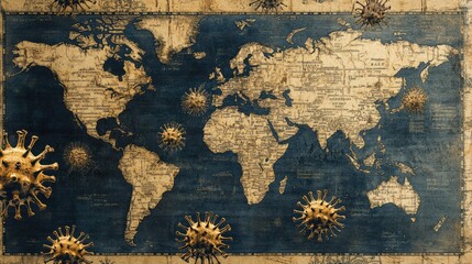 Naklejka premium Ancient map showing viral outbreaks, [historical pandemics, visual storytelling], a blend of cartography and virology histor