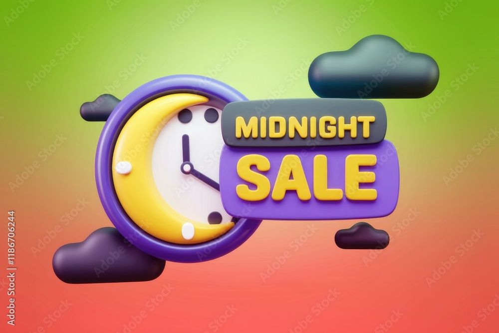 Poster midnight sale announcement with a 3d clock and clouds design.