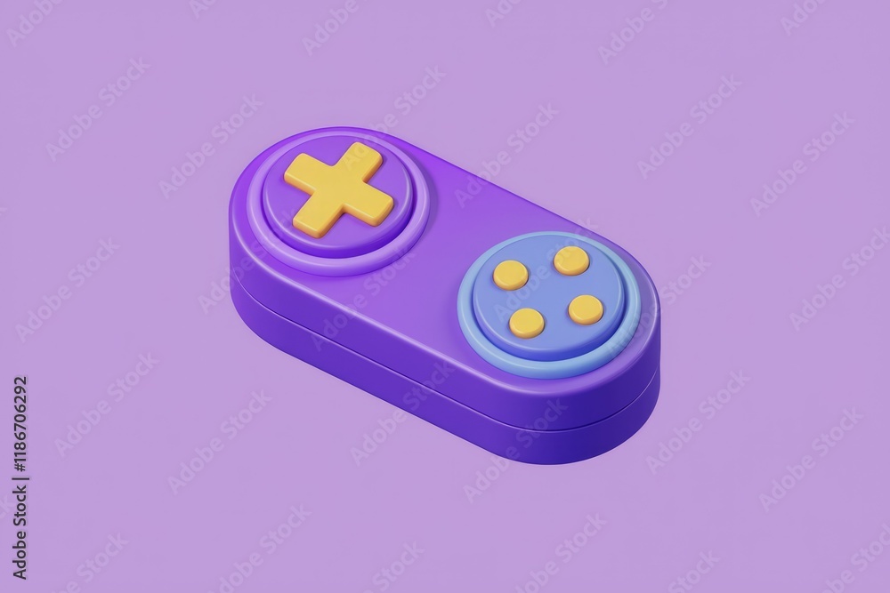 Poster a 3d-rendered purple game controller with yellow and blue buttons, symbolizing gaming and digital en