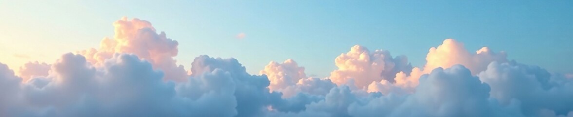 Softly glowing cumulus clouds float across blue sky background, peaceful, soft focus, clouds