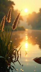 Softly glowing reeds sway gently above glassy lake waters under radiant golden sky, water, serene