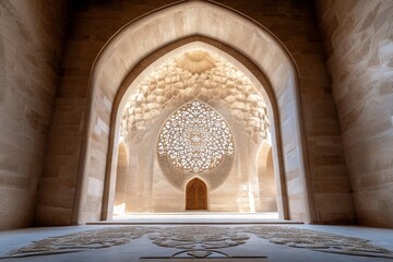 Obraz premium A close-up of the intricate Islamic calligraphy on the entrance of the Kalon Mosque in Bukhara, showcasing its artistry