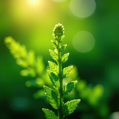 Softly glowing morning dew on green fern leaf tips, fronds, sunlight