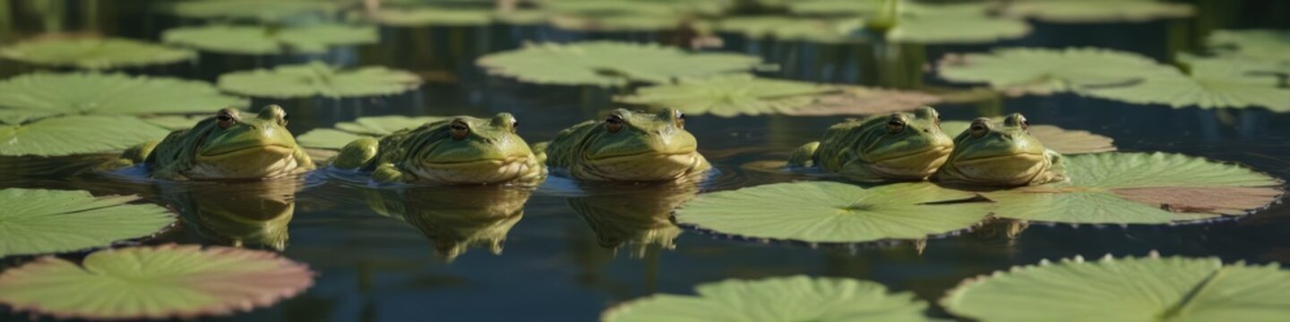 A group of bullfrogs gather on a large lily pad in the pond at Steigerwald National Wildlife Refuge , biodiversity, wildlife refuge