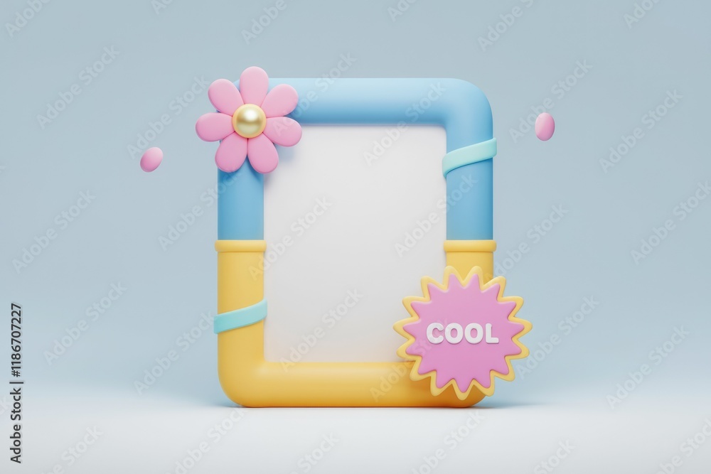 Poster a pastel-colored 3d frame adorned with flowers and the word 'cool', perfect for showcasing content.