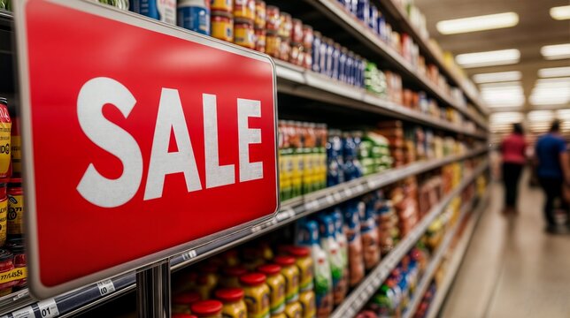 Big red sale sign hanging in supermarket aisle with products and customers