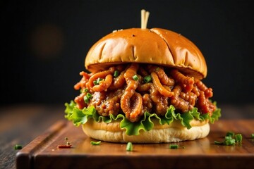 Tender pulled pork piled high on a toasted bun, delicious, pulledpork, appetizing